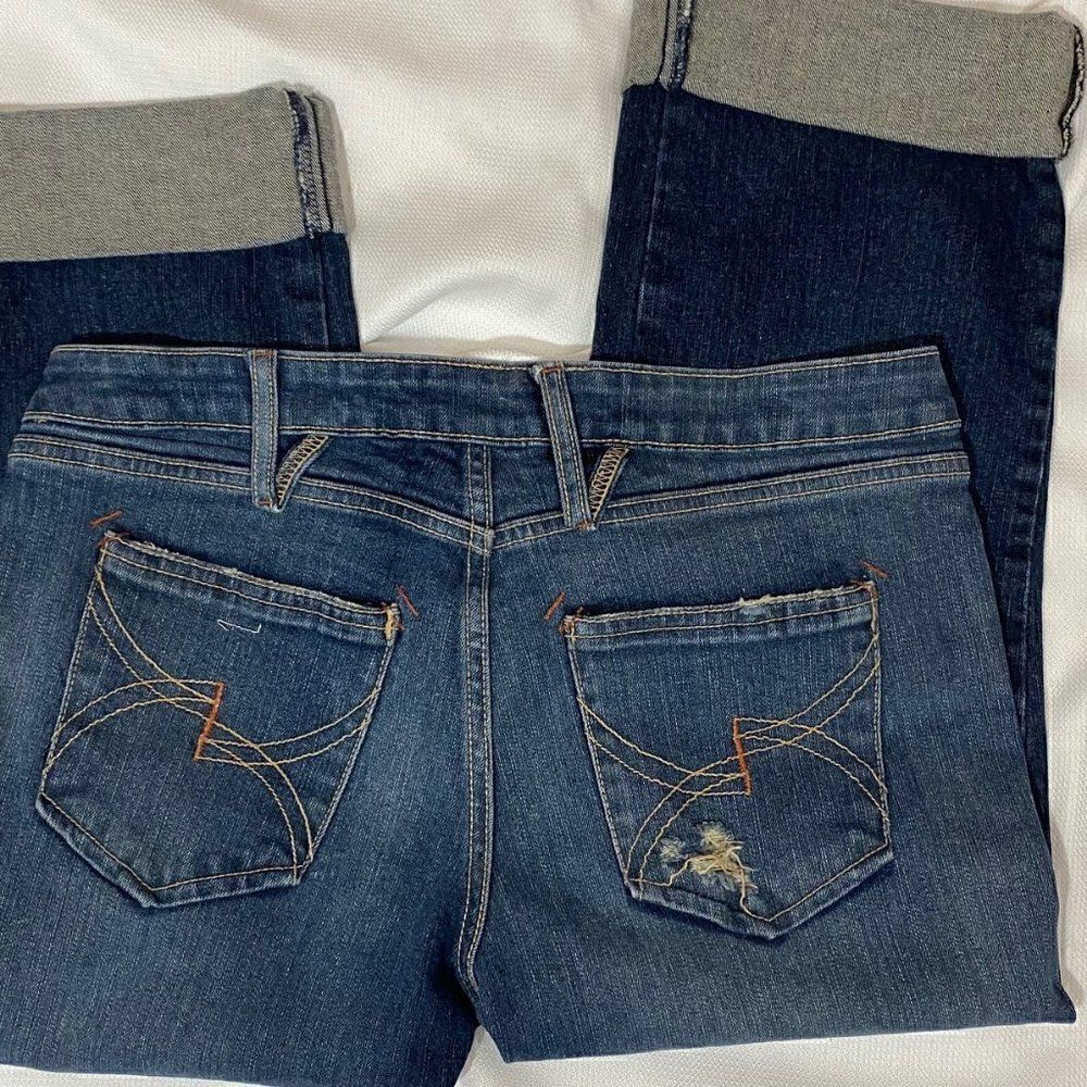Button Fly Distressed Large Cuff Cropped Jeans - Picture 4 of 7